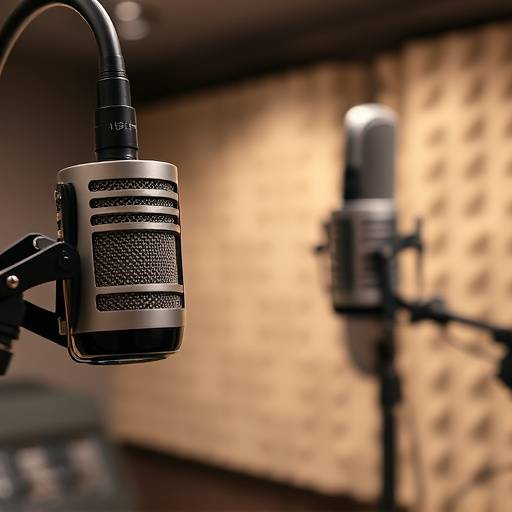 Close-up of a Neumann U87 microphone in a professional recording booth with acoustic treatment