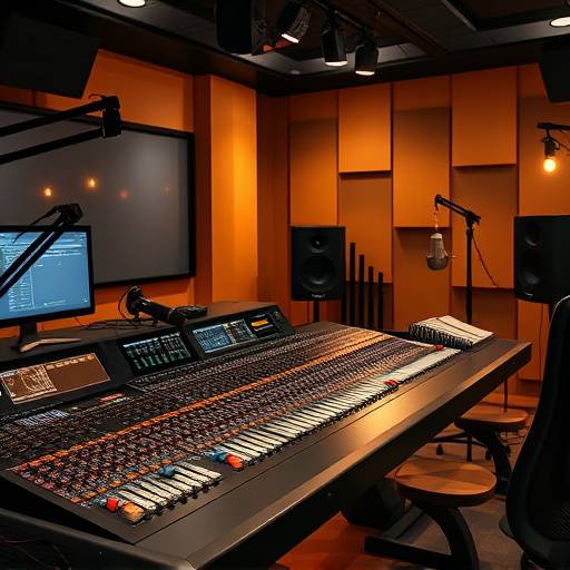 Professional recording studio with mixing console and microphones